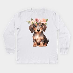 Watercolor Dachshund Dog with Head Wreath Kids Long Sleeve T-Shirt